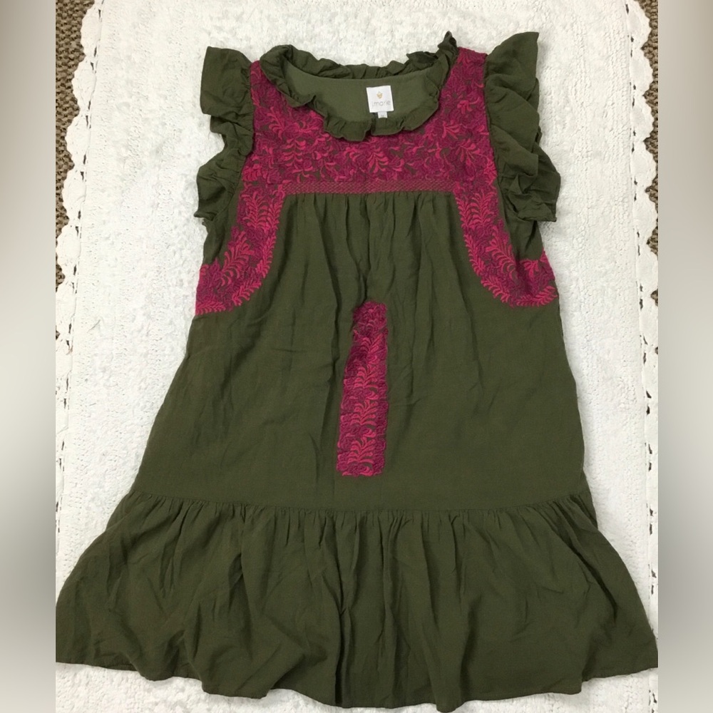 J.Marie Embroidered Ruffle Sleeve Dress Pink Maroon Army Green M